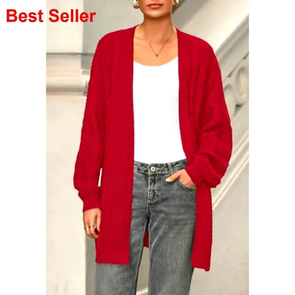 Cable Knit Open Front Chunky Cardigan Lantern Sleeve Oversized Sweater